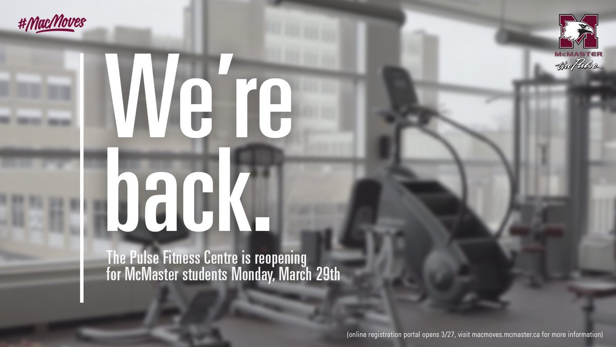 MacRecreation's tweet photo. The Pulse Fitness Centre is reopening to @McMasterU students March 29th! 

⬇️ Read more ⬇️
https://t.co/qyl6LTUJXC https://t.co/Ln1lpYjCEi