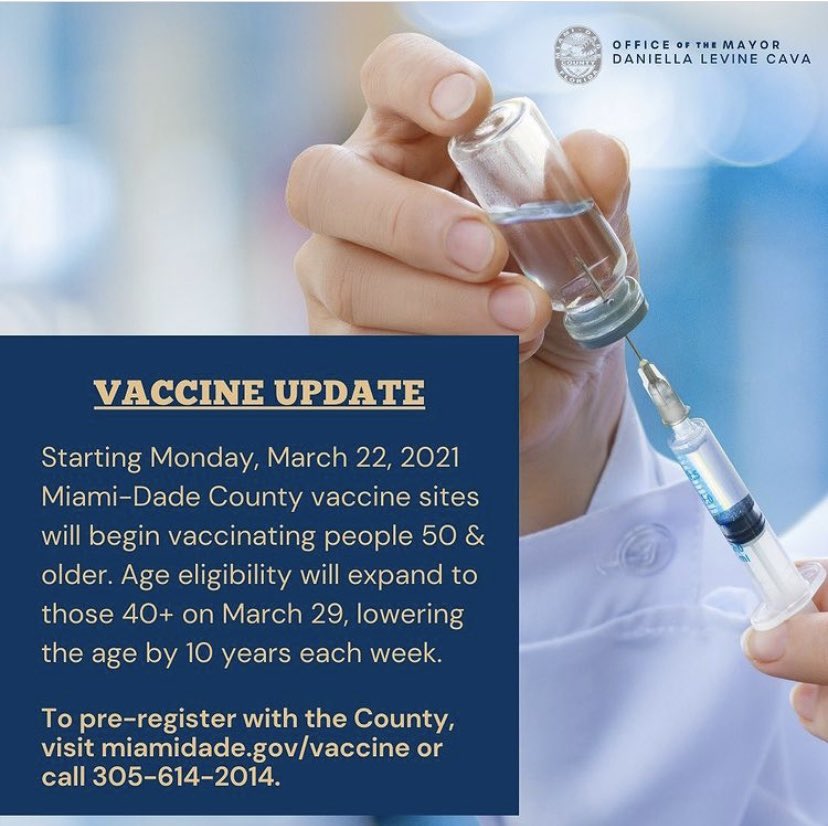 Miami_Community's tweet photo. Are you or someone you know over 50? If so, you’re eligible to get the vaccine starting today! 

Next Monday, March 29th, anyone over 40 will be eligible as well.

Visit: https://t.co/3faG7Xs2Y9 to pre-register and for vaccine locations. 

Source: @MayorDaniella 

#MiamiCommunity https://t.co/m0nKxKa4eX