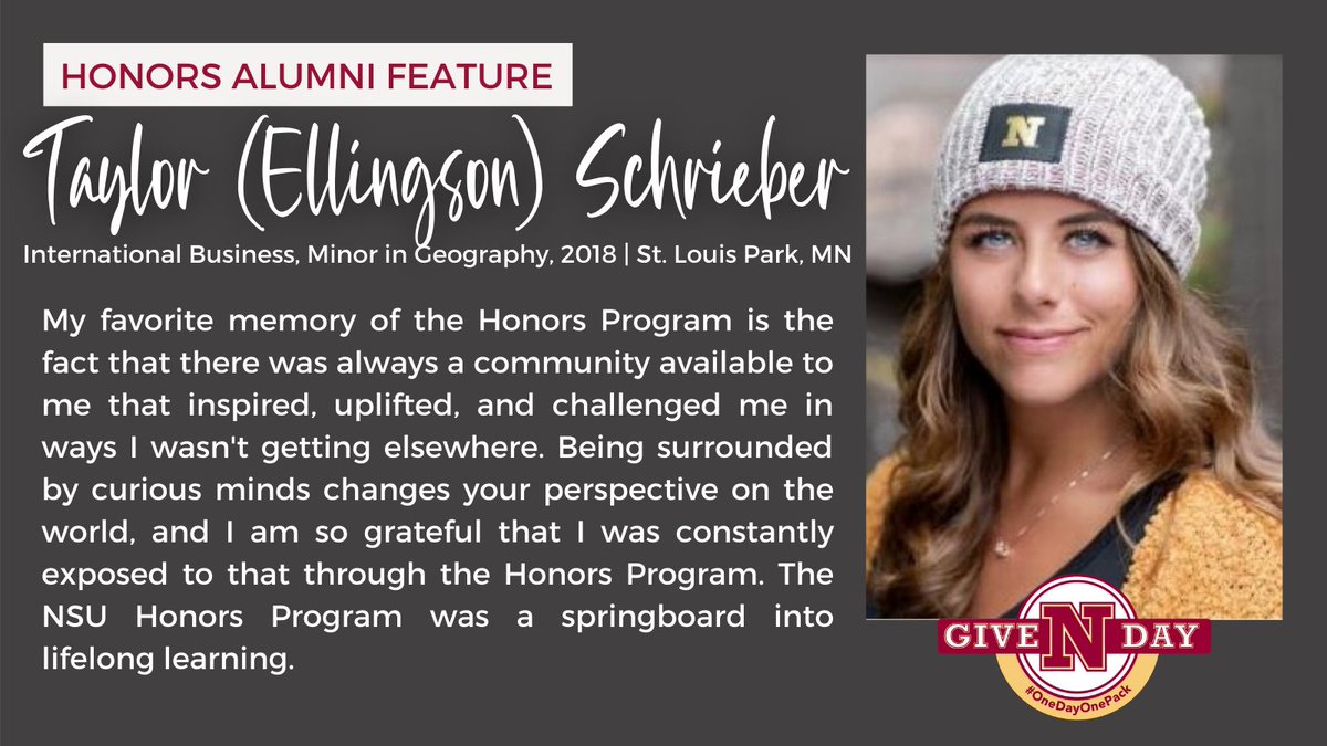 nstatehonors's tweet photo. Another Alumni feature coming your way for GiveNDay! This spotlight is on Taylor Schrieber, a 2018 NSU graduate.

The Honors Program's impact reaches far and wide as students move on into their next chapter. To donate, visit this link:

https://t.co/MaTPnNSz1L

#OneDayOnePack https://t.co/PY37P4aTK5