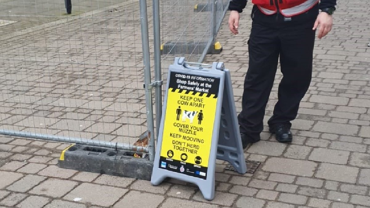 GloucesterCity's tweet photo. Our COVID City Protection Officers have been putting signs out to remind people to keep to the rules when visiting Gloucester's market (every Friday at the cross in the centre of town).
We hope they'll help to keep people mooving! 🐄 #HandsFaceSpace #StickToTheRules #KeepMooving https://t.co/KfeiJe8ZEj