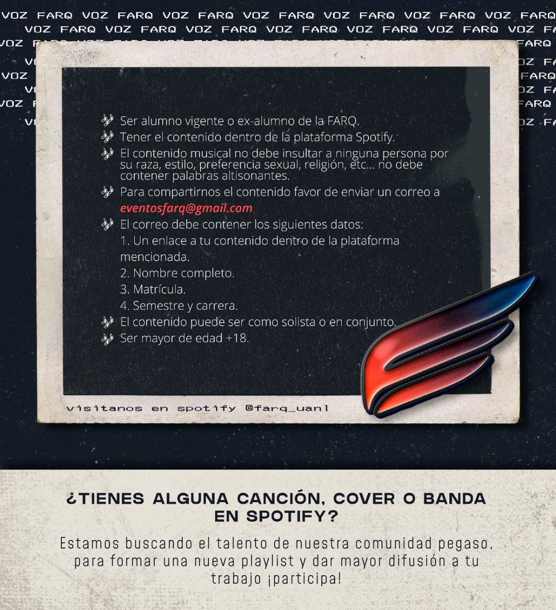 ¿Tienes alguna canción, cover o banda en spotify? Estamos buscando el talento de nuestra #comunidadpegaso para formar una nueva playlist y dar mayor difusión a tu trabajo ¡Participa!