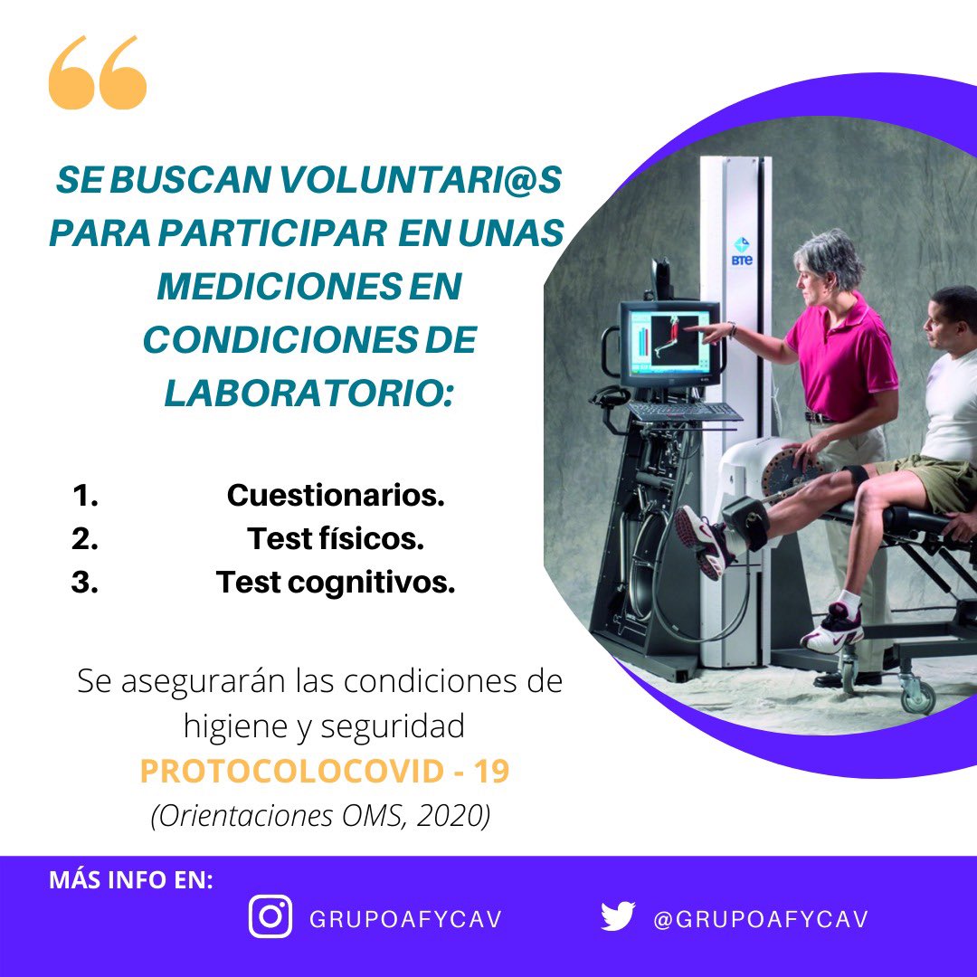 !Volvemos al trabajo! 💻 Se buscan voluntari@s para realizar mediciones en condiciones de laboratorio.
Valoraremos:
Condición Física 🏋️‍♀️ variables cognitivas 🧠 y cuestionarios 📋. Mas info por MD📥