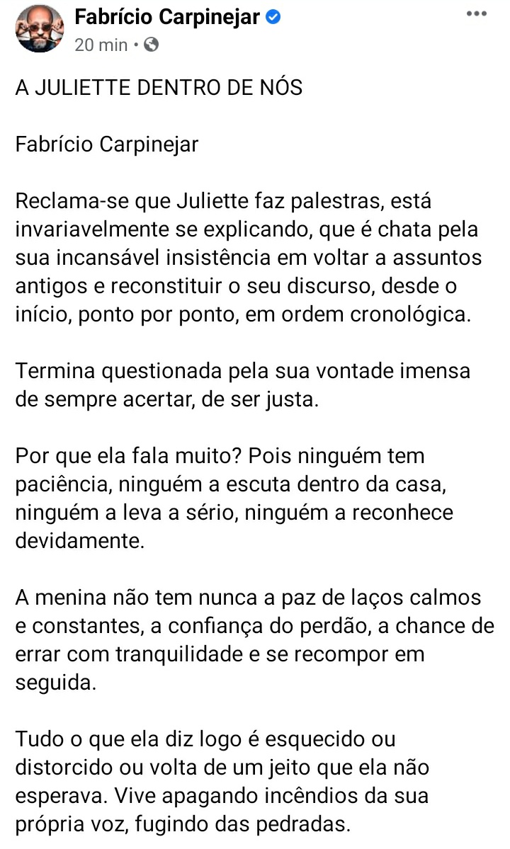 jujutuita's tweet photo. MEU Deus que perfeição de texto sobre a Juliette que o Fabrício Carpinejar escreveu #Bbb21 https://t.co/GA7yup5vIR