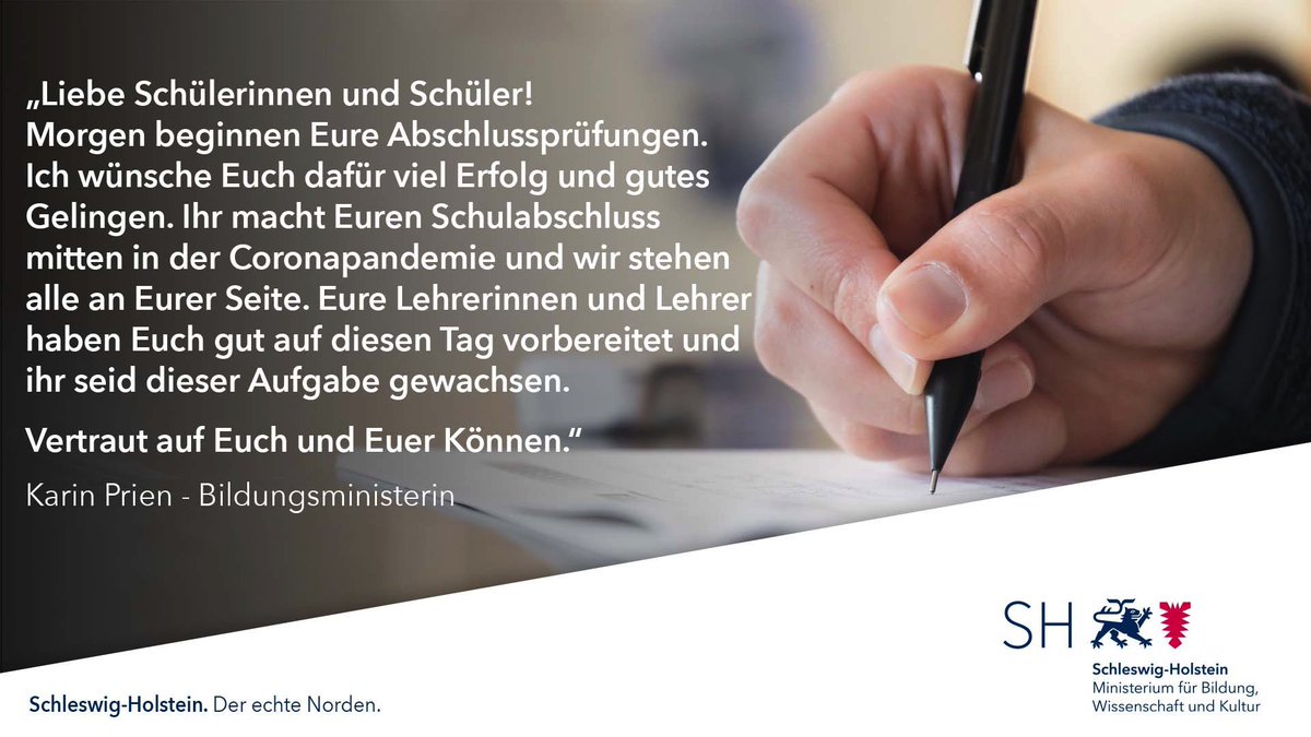 Viel Erfolg für eure Prüfungen!

#bildungSH #ESA #MSA