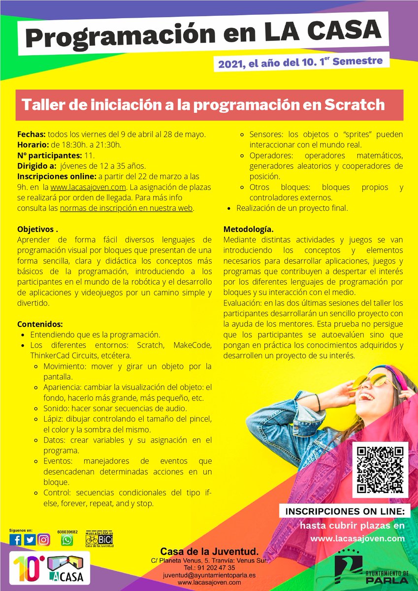 Juventud_Parla's tweet photo. 🗣Abiertas inscripciones al Taller de Iniciación a la Programación con #Scratch de @retroparla en #LaCasa, uno de los proyectos premiados en nuestro 11º Concurso de #IdeasVivas
Apúntate ya aquí👉https://t.co/2uhW6zZlVF
#programacionporbloques #Ligthbot #TinkercadCircuits https://t.co/byILzNxIMj
