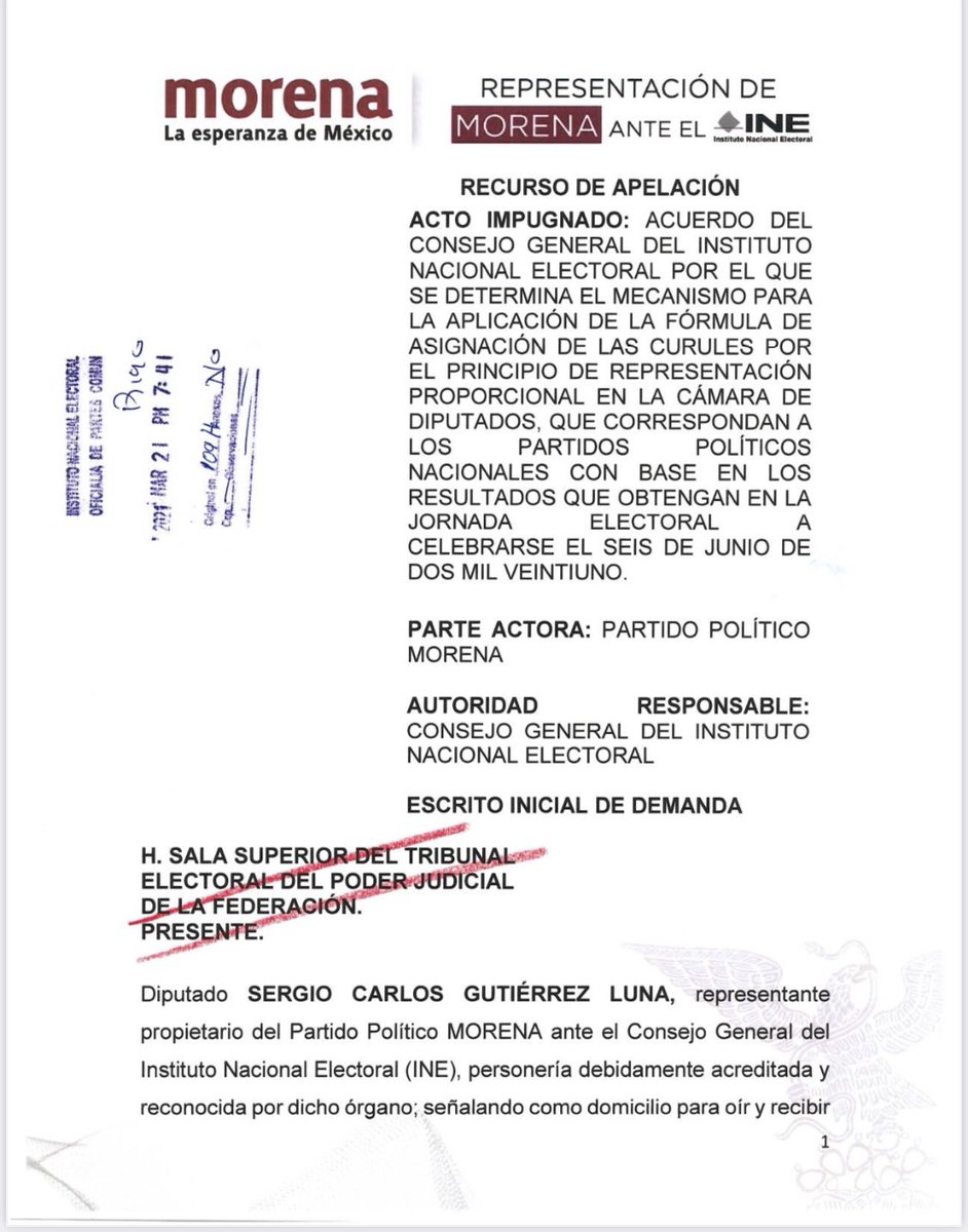 Presentamos apelación contra la ilegal determinación del <a href="/INEMexico/">@INEMexico</a>, por la que quieren cambiar la reglas para obstaculizar a #MORENA.

No permitiremos que 2 consejeros electorales pretendan impedir que tengamos la mayoría en la #CámaraDeDiputados.

El pueblo decidirá 👊🏻