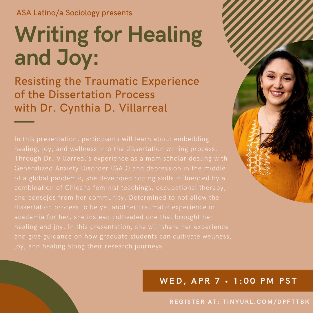 ASALatSoc's tweet photo. 🍎Grads, please join us for "Writing for Healing and Joy" Resisting the Traumatic Experience of the Dissertation Process" w/ Dra. @CynDVillarreal on 4/7. This event is part of the Grad Committee's focus on mental health and well-being.

Register here: https://t.co/c7kWT4UnJ4 https://t.co/l5KOPYVfim