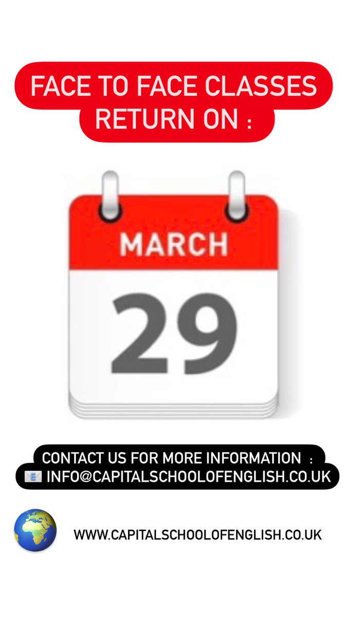 We will be reopening our doors from Monday 29th March 2021 for face-to-face classes . 
📧 info@capitalschoolofenglish.co.uk 

#Cardiff #Student #LearnEnglish #EnglishSchool #EnglishAcademy #StudyAbroad #IELTS #FCE #CAE #StudyEnglish #BritishCouncil  #EnglishCourse