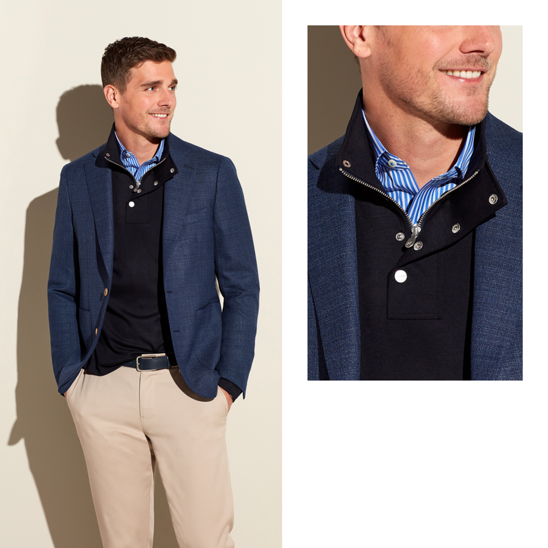 The Zip and Snap Mock neck is custom-made in knit fabrics for a great spring layering piece with a new stylish neckline.

Connect with your Personal Stylist and create yours today.