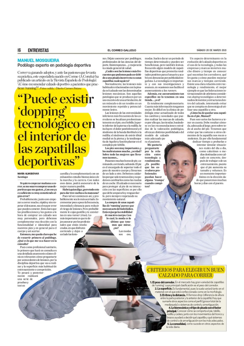 FBiomecanico's tweet photo. De nuevo entrevista en prensa acerca del articulo publicado en @Rev_Podologia ¿𝘾𝙤́𝙢𝙤 𝙧𝙚𝙘𝙤𝙢𝙚𝙣𝙙𝙖𝙧 𝙘𝙖𝙡𝙯𝙖𝙙𝙤 𝙙𝙚𝙥𝙤𝙧𝙩𝙞𝙫𝙤 𝙖 𝙥𝙖𝙘𝙞𝙚𝙣𝙩𝙚𝙨 𝙦𝙪𝙚 𝙥𝙧𝙖𝙘𝙩𝙞𝙘𝙖𝙣 𝙧𝙪𝙣𝙣𝙞𝙣𝙜?
#podologia #calzado #deporte #prevencion #lesiones https://t.co/ifyFpOZjM7