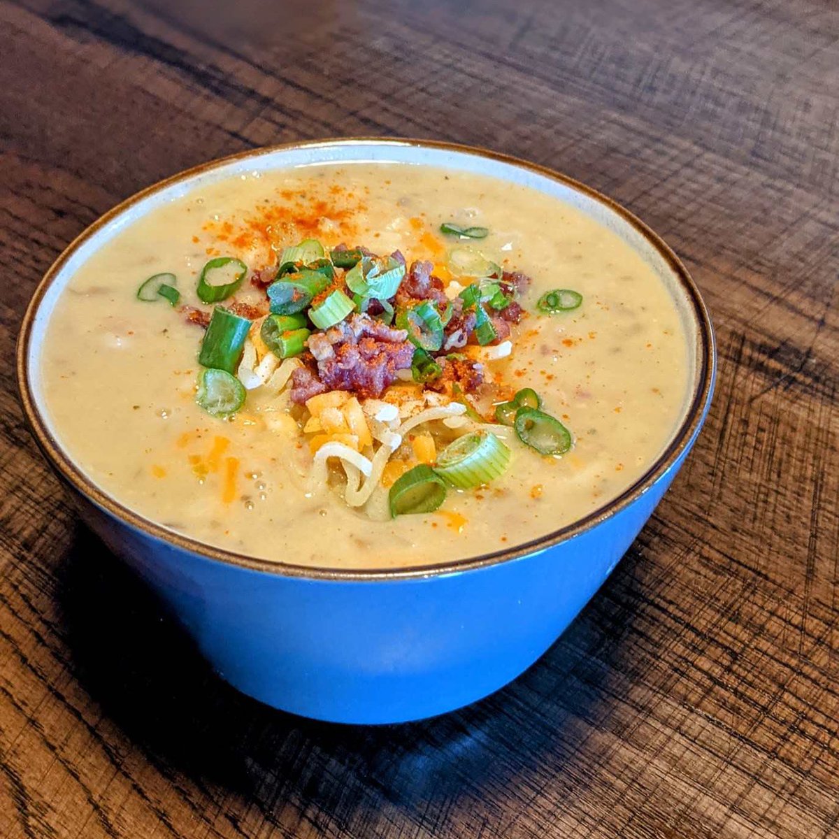 Loaded Potato Soup has been added to our menu, so it will be available to order every day! It is topped with bacon, cheddar & green onions. It is even Gluten friendly! #medhat #bbq #smokehouse #soup #loadedpotato #availableeveryday #newmenuitem #bacon #glutenfree