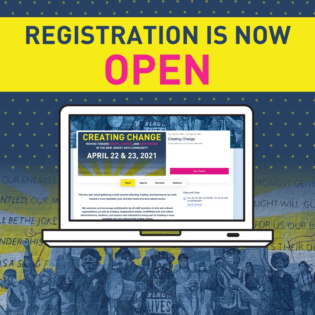 Registration is now OPEN for the CREATING CHANGE: Moving Toward Equity, Justice, and Anti-Racism in the New Jersey Arts Community Symposium! Join us April 22 &amp; 23 for this two-day virtual event >> bit.ly/CreatingChange…

#CreatingChange #Equity #Justice #AntiRacism #BeTheChange
