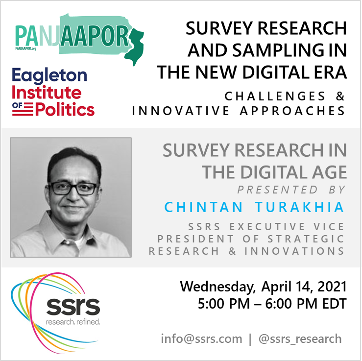 .<a href="/panjaapor/">PANJAAPOR</a>, in partnership with <a href="/Eagleton_RU/">Eagleton Institute of Politics</a>, welcomes <a href="/ssrs_research/">SSRS</a> EVP Chintan Turakhia (<a href="/Chintant/">Chintan Turakhia</a>) and Dr. Mansour Fahimi of <a href="/MarketingSysGrp/">Marketing Systems Group</a> to speak about survey research and sampling in the digital age. Register today: eventbrite.com/e/survey-resea…