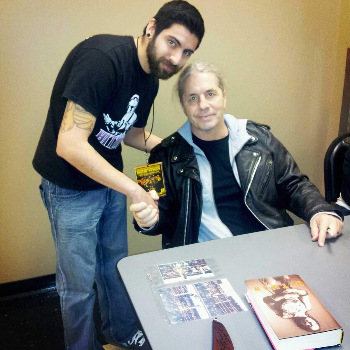 SavesTuesday's tweet photo. In 2013 I met Bret Hart. He looked me in the eyes &amp; said, “Kid. Beat Steve.” At the time I didn’t know what he meant. I also was so in shock of meeting my hero that I thought I was hallucinating the whole thing.

Now I know....

@SavesTuesday vs @NWI_Steve 
#108Tourney
#VoteDick https://t.co/f1GnOuB0aR