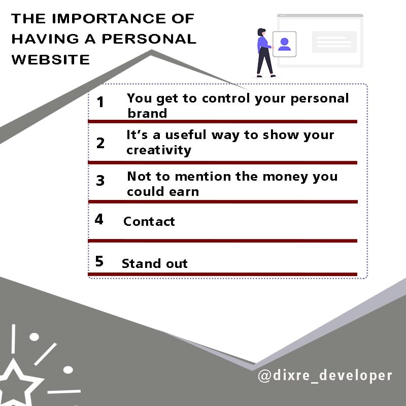 dixre_engineers's tweet photo. Benefits of having a personal website.

#100DaysOfCode #DEVCommunity #web https://t.co/ZjnLdbM0LF