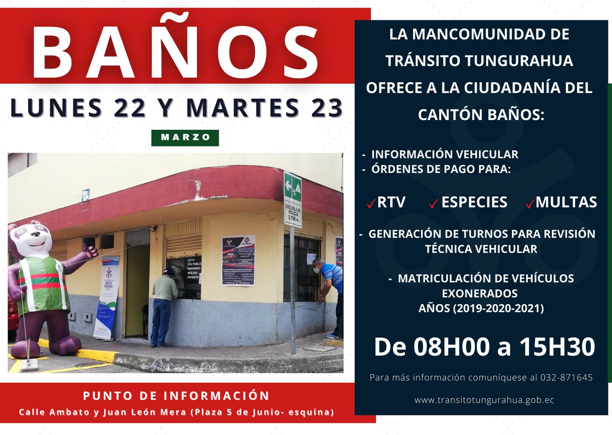 EPMTTSVT's tweet photo. #Baños 
#Lunes22 y #Martes23 
PUNTO DE INFORMACIÓN #HABILITADO 
De 8h00 a 15h30
Para más información comuníquese al 032871645
Visite nuestra página web: https://t.co/riarab65RZ 
#SeguimosTrabajandoPorLaCiudadanía 
#TránsitoTungurahuaSomosTodos 
#MarzoÚltimosDías 
#Dígito2 https://t.co/WxaqfY9SGF