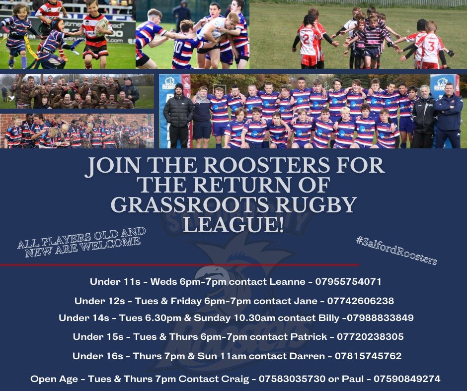 The Roosters are back at Training from next week! 

It would be great to see some new and old faces. 

If you or your friends are interested in joining come along to training next week!

#SalfordRoosters #returntoplay #Grassroots #ARLFC #PlayerRecruitment #Salford #RugbyLeague