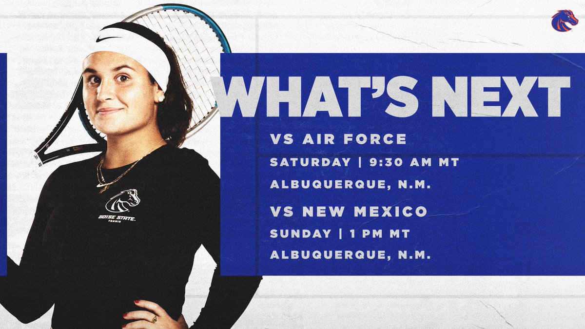 BroncoSportsWTN's tweet photo. The Broncos are headed to New Mexico❗️Boise State opens up MW conference play on the road against the Falcons and Lobos this weekend! 🐴🎾
#BleedBlue | #WhatsNext https://t.co/D9LhawHyQf
