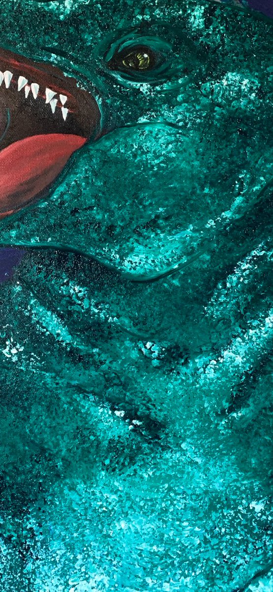 Drekenstein's tweet photo. Oil painting I created of my favorite marine reptile (with closeup of texture) (40" x 30") #MosasaurWeek #MosasaurMarch #mosasaurmadness  
https://t.co/V9qr7qMZDL https://t.co/plCua7Bk4o