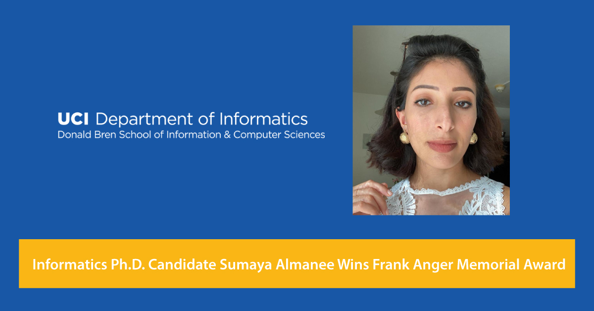 UCI_Informatics's tweet photo. Congratulations to Sumaya Almanee on receiving the 2021 Frank Anger Memorial Award from the ACM Special Interest Group on Software Engineering (#SIGSOFT)!
Read the full story at: https://t.co/EMtAig3drb https://t.co/5yDln1EXD7