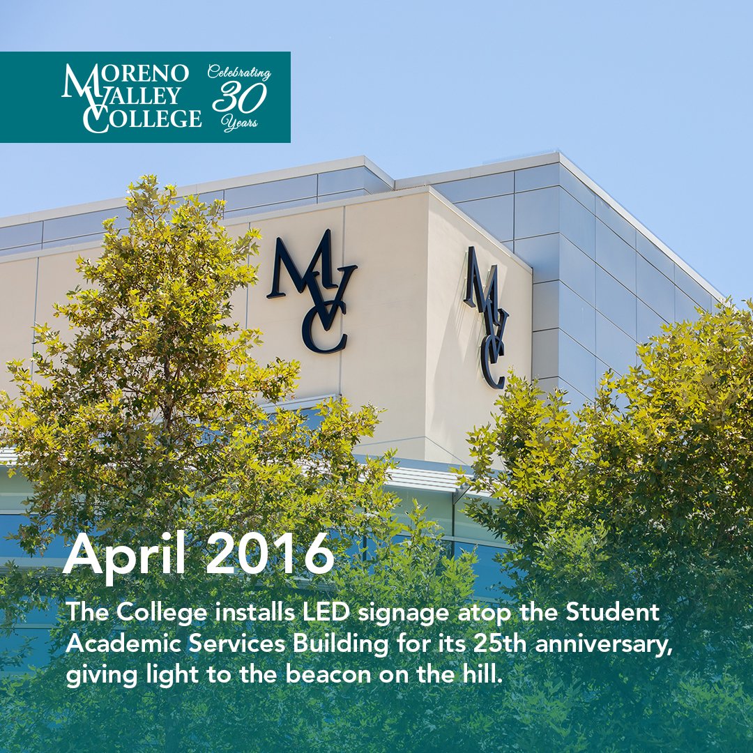 mvcollege's tweet image. Celebrating 30 years of serving Valley residents - On April 2016, the College installed LED signage atop the Student Academic Services Building for its 25th anniversary, giving light to the beacon on the hill. #30YearsAtMVC #mvcollege