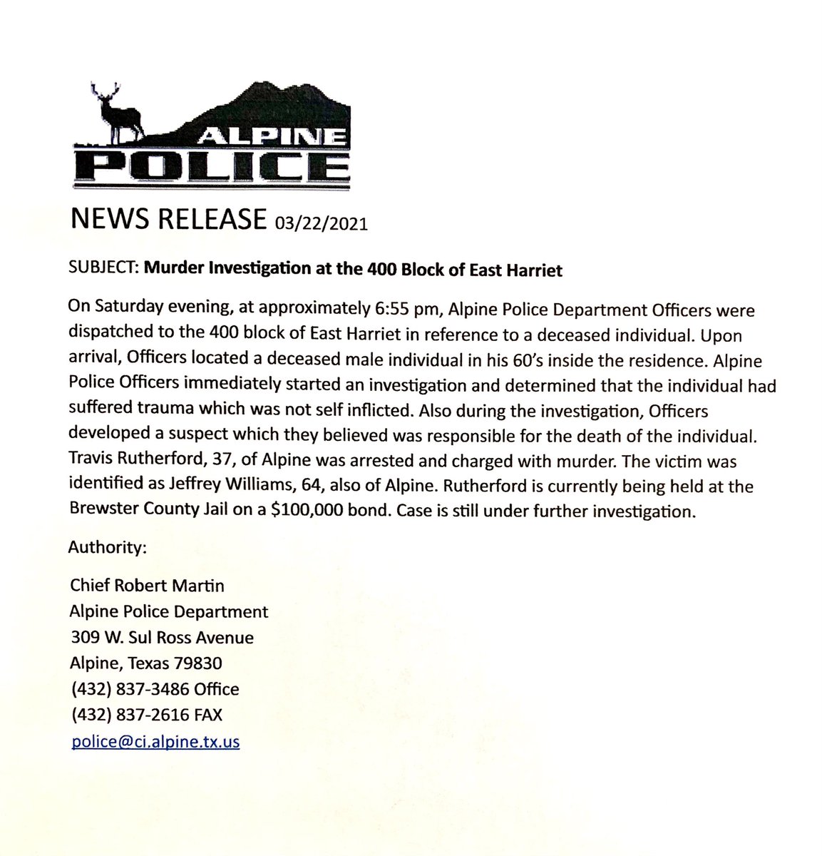 AlpineTxPolice's tweet photo. Murder Investigation 3/20/21 News Release: https://t.co/0ZxdsSEgUh