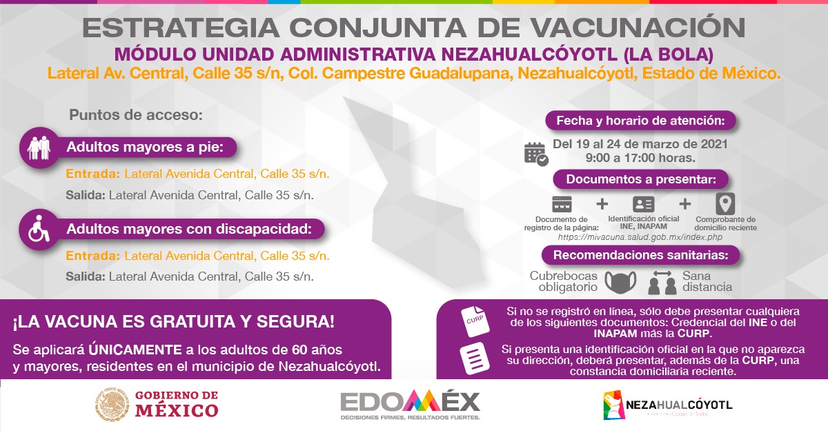 Edomex's tweet photo. ¡Qué no se te pase! Tienes hasta el jueves 24 de marzo para acudir a vacunarte contra #Covid_19mx en el municipio de #Nezahualcóyotl.
Consulta los diferentes módulos de vacunación y acude al más cercano. https://t.co/IGpc2B6Gka