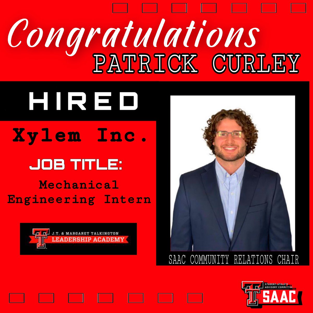 TexasTechSAAC's tweet image. Congratulations to our very own Community Relations Chairman, @curleypatrick4 ‼️ We are super excited and proud of you!👏🏾 Keep being great!🎉 #wreckem 

- SAAC FAMILY ⚫️🔴
