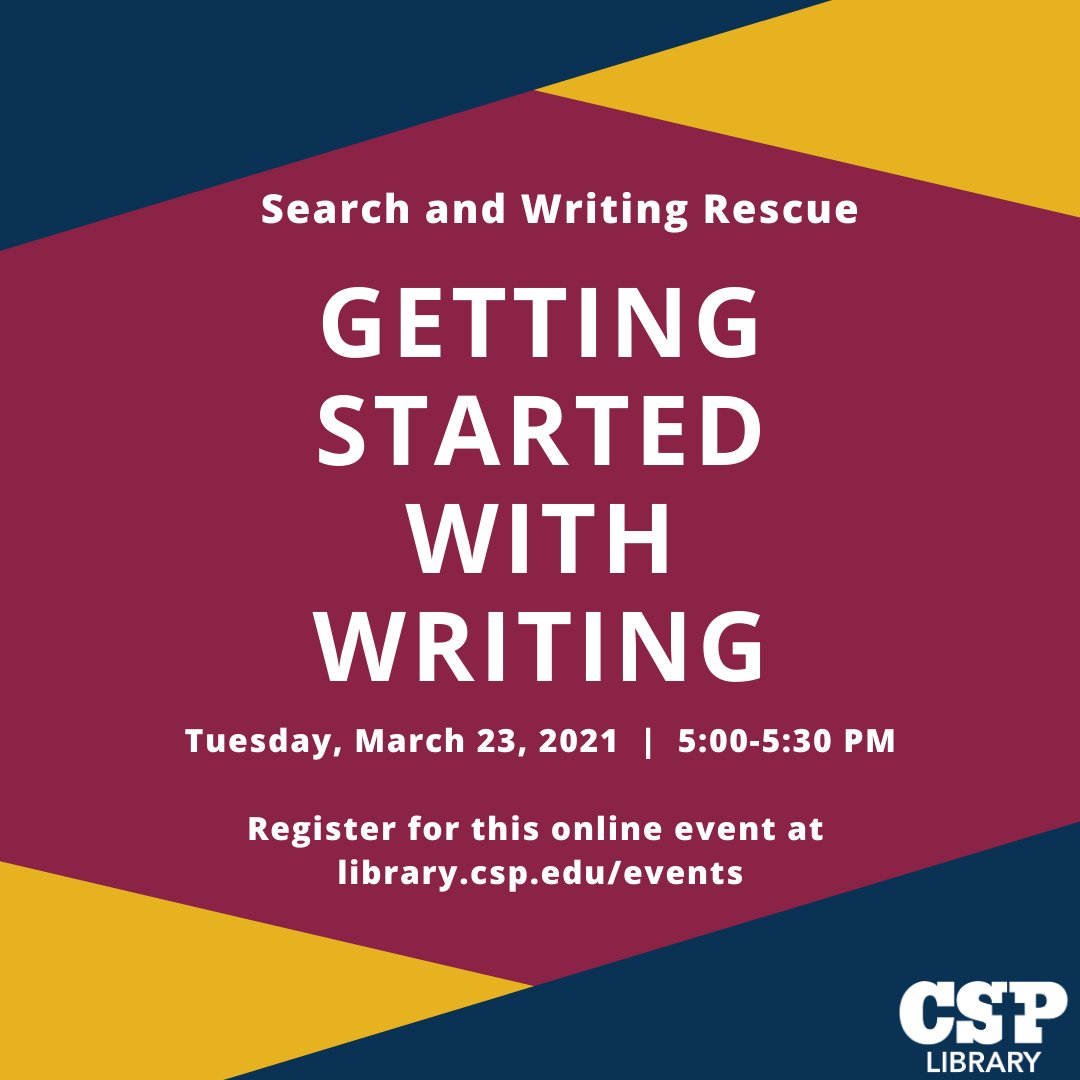 csplibrary's tweet image. Tomorrow is the 2nd in our Search &amp;amp; Writing Rescue series &amp;amp; focuses on how to get started with the writing process. Sign up at library.csp.edu/events 
(sign up even if the time doesn&apos;t work &amp;amp; we&apos;ll send you a link to the recording!)
#research #writing #studyhard📚 #finishstrong