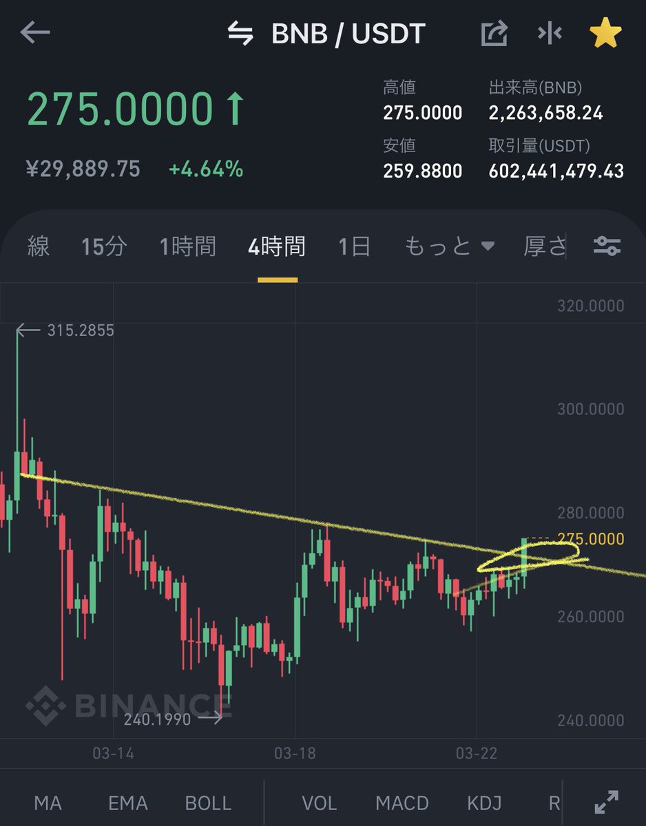 Jack31415926000's tweet photo. $BNB 抵抗線ブレイク
かなりいいチャートでずっと見張ってたけど、ついに来たか。もっと安く買いたかったなぁ。。 https://t.co/uVqIZo4j2S