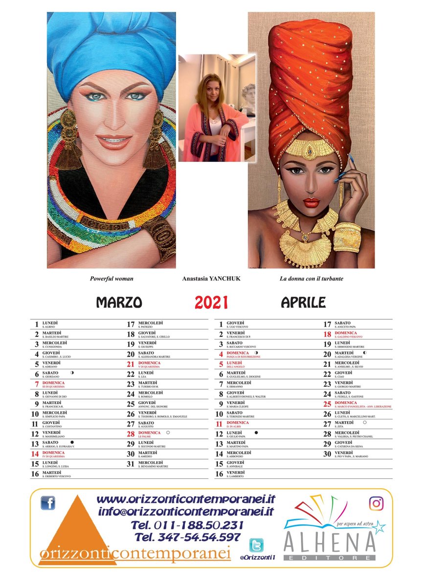 Orizzonti1's tweet photo. L'arte di Anastasia Yanchuk illustra il bimestre di Marzo-Aprile del Calendario 2021 di @Orizzonti1 ed Alhena Editore con il #dittico "Powerful Woman" e "La donna con il turbante" #arteconlamaiuscola https://t.co/9WdxWJABEz