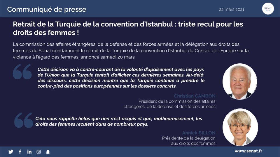 Senat's tweet photo. 📢La #ComDefenseSenat et la délégation #DroitsFemmesSénat condamnent le retrait de la #Turquie de la convention d’Istanbul du Conseil de l'Europe sur la violence à l’égard des femmes.
👉Lire le communiqué de presse : https://t.co/hlhr2Af482 https://t.co/ApWW1yuGSR