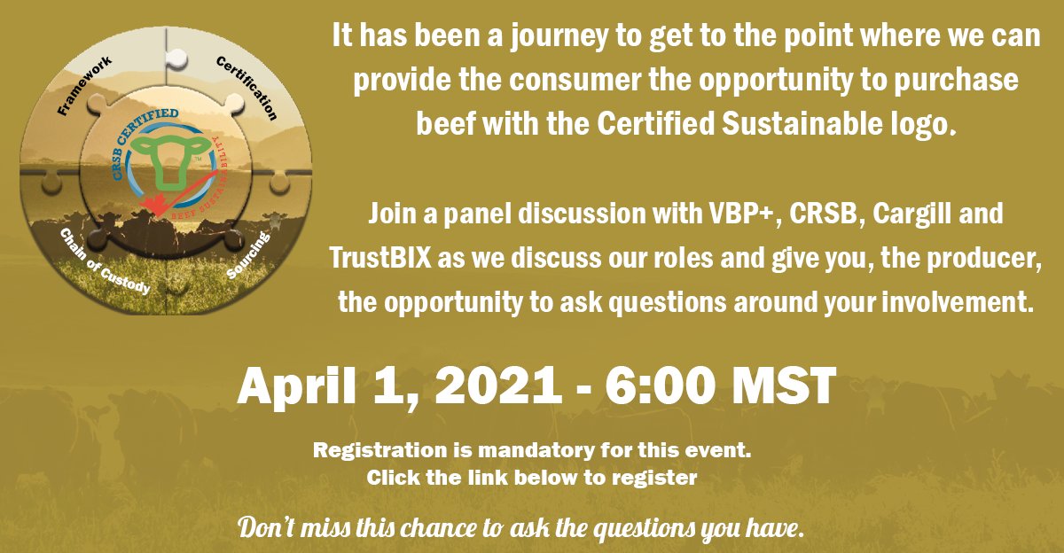 Are you a Canadian beef producer who has questions about Certified Beef Sustainable sourcing? Join our panel to ask your questions to all who have roles in the process. Click here to register. us02web.zoom.us/webinar/regist…
