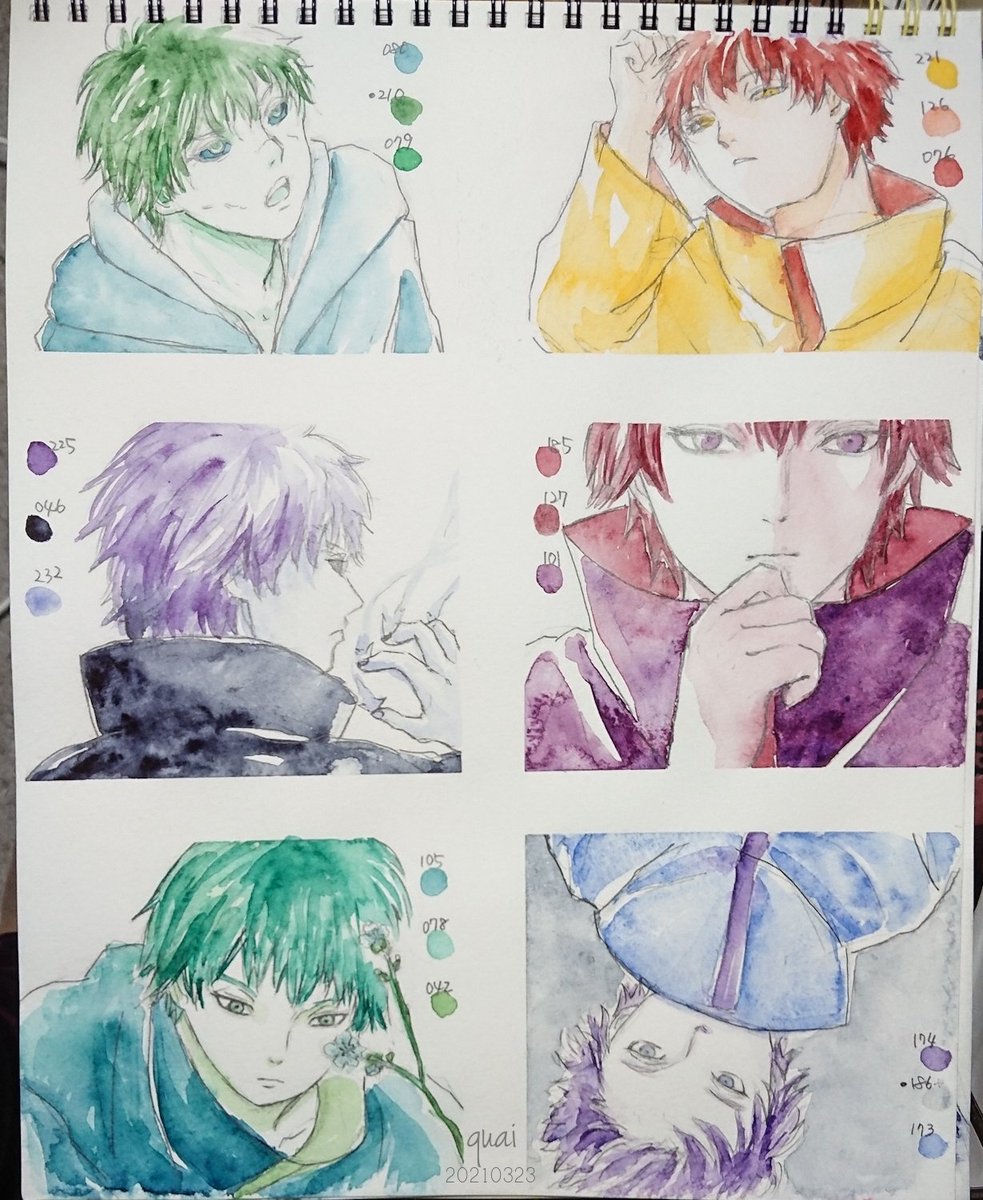 このシリーズは最初に線画をどの色合わせにするかを考えず勢いで描くのですが、今回は分離色と鉱石から出来た鉱物色がたくさんあってめちゃめちゃ楽しかった!噂には聞いてたけど本当にキラキラしてたり質感が変わってたりで面白い😙✨(●番号が鉱物色)これは集めたくなるよ～💸💸💸😂

#色見本サソリ 