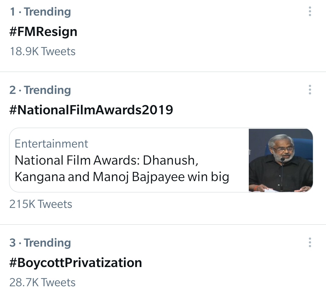 tiwariaditi0909's tweet photo. Both our hashtags trending on top 

#FMResign
#BoycottPrivatization https://t.co/3p5E00wwDG