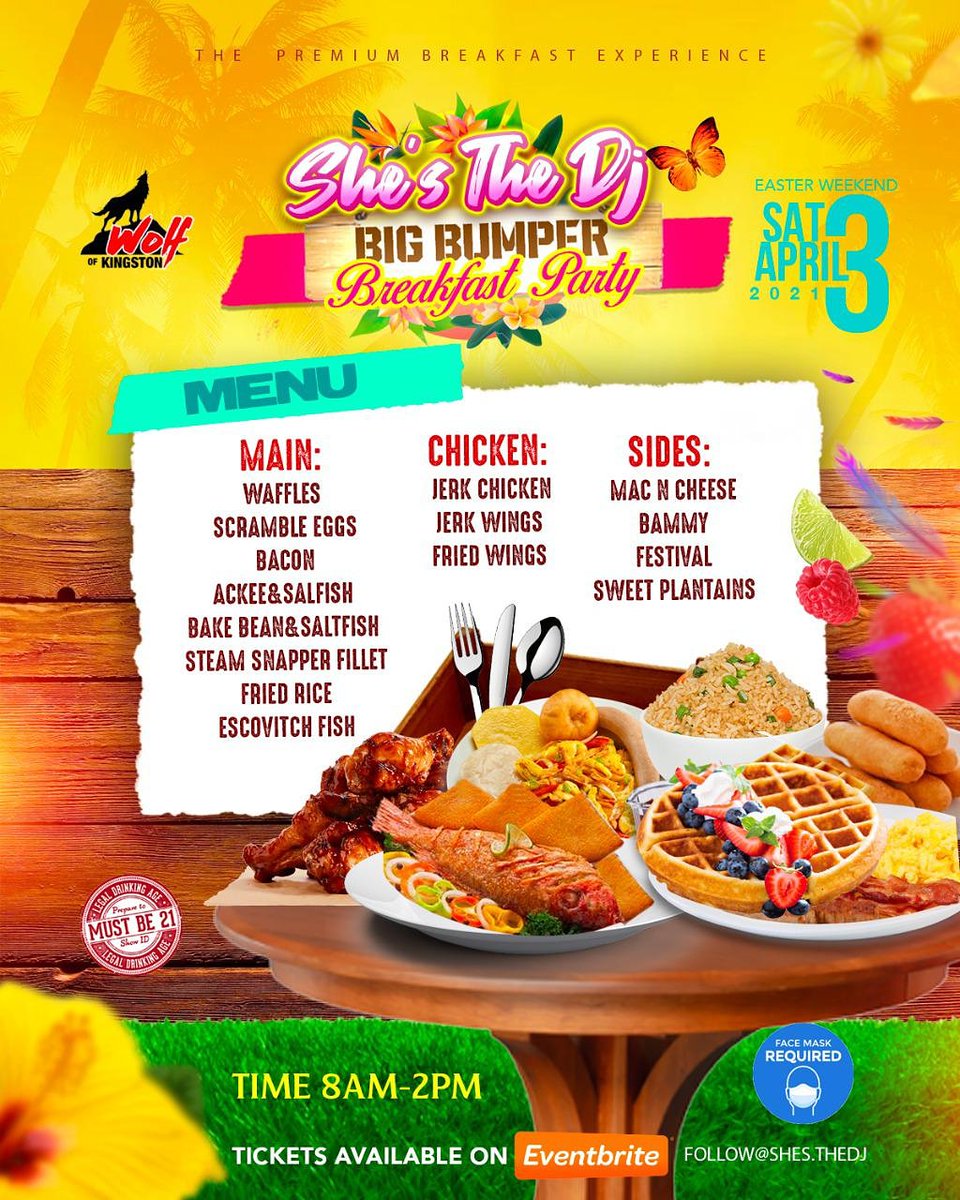 #ShesTheDjFL 🌞🌴
MENU 🔥🔥🔥🔥
Big Bumper Breakfast Party!! 
Pre-Sold Tickets available via 
…igbumperbreakfastparty.eventbrite.com

Easter weekend 😁🎉
April 3rd, 2021. 👀
<a href="/realpartygods/">Real Party Gods</a> 🔥

⚠️😷Masks Are Mandatory 
Full Safety Protocols in Place.⚠️

Big Bumper Breakfast Party 🥓🍳🧇🥞🥗