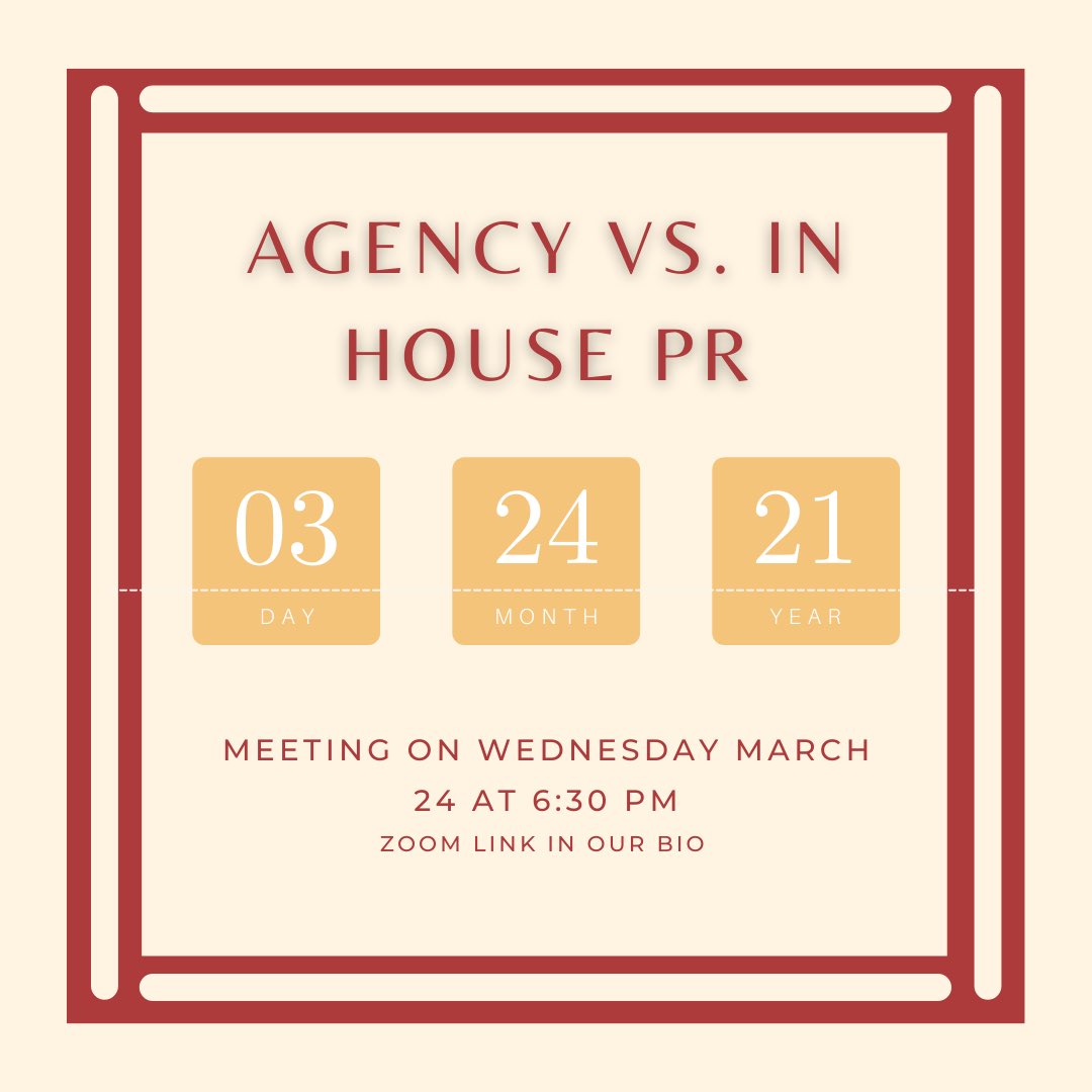 At this week's meeting, we will be discussing the difference between agency and in-house PR. Chris Gent, an in-house PR expert with over 30 years of experience will be giving us his insight and advice. See you there! 

Meeting ID: 936 0464 1439