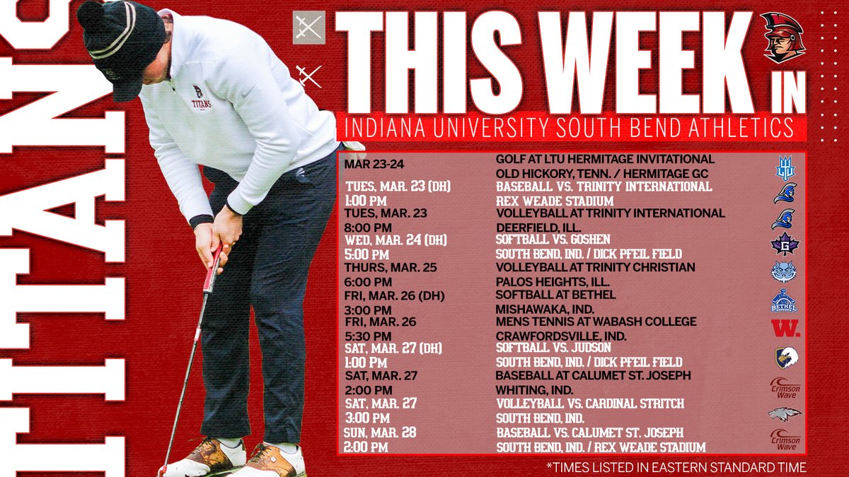 IUSBTitans's tweet photo. It's going to be a 𝗳𝘂𝗻 week‼️

⛳️⚾️🏐🥎🎾

#TITANpride⚔️ https://t.co/JEApyl0xWk