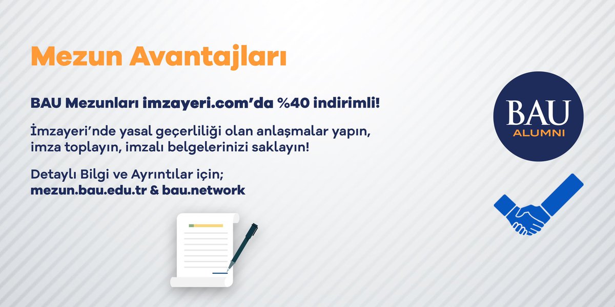 BAUAlumniCenter's tweet photo. 🎓 BAU Mezunlarına https://t.co/rWTqx1pj2X %40 indirimli!

İmzayeri’nde yasal geçerliliği olan anlaşmalar yapın, imza toplayın, imzalı belgelerinizi saklayın!
Detaylı bilgi için; https://t.co/A9VUrFw5xm &amp; https://t.co/WMtpMSpVh1 https://t.co/eh7Ncmcu5N