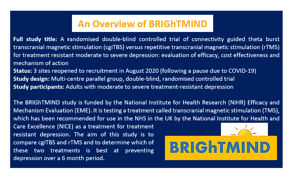BEHResearch's tweet photo. Are you a Clinician working with individuals with treatment resistant #depression? We are assisting the 
@brightmindtrial to offer non-invasive treatment using Transcranial Magnetic Stimulation. Get in contact with the R&amp;D team for more information @BEHMHTNHS https://t.co/CGW5RC56ab