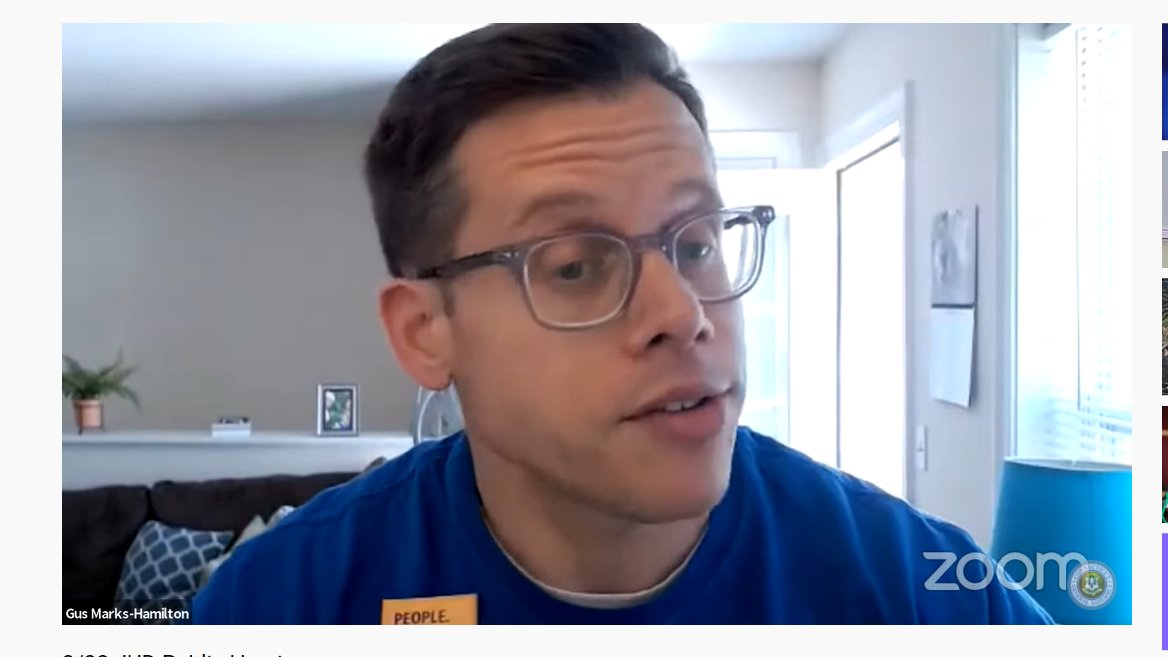 Gus Marks-Hamilton, ACLU of Connecticut campaign manager, testifies on Zoom in support of S.B. 1058, a bill regarding compassionate releases during disasters and public health crises. He seated, wearing a blue Smart Justice "people not prisons" shirt and a yellow square Smart Justice "people not prisons" pin. He is looking slightly to the right. Behind him are a sunny window and door, and a plant on a mantle.