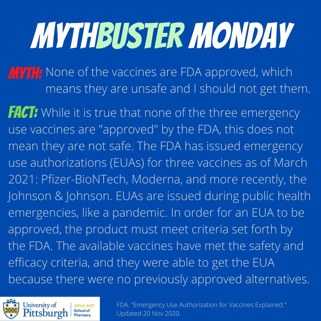 PittASP's tweet photo. Myth = busted. Any vaccine evaluated by the FDA, including emergency use authorized ones, is safe and effective, and their benefits significantly outweigh their risks. When it’s your turn, we hope you will #taketheshot! #covid19 #covid #vaccine #covidvaccine https://t.co/dZqYVs8xOX