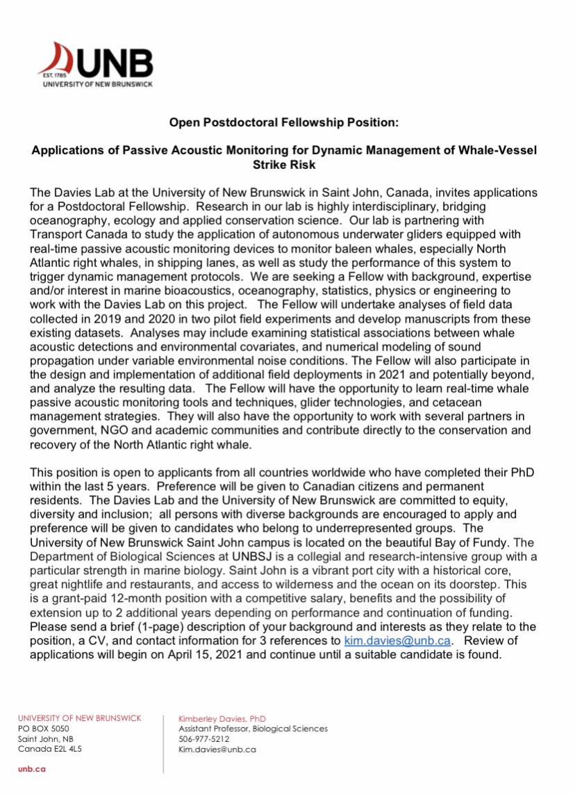 SFortuneSea's tweet photo. 📣 Attention bioacoustics folks! Cool postdoc opportunity studying North Atlantic right whales with @kim_davies12  check it out👇🏼 https://t.co/izyZrmgOfo