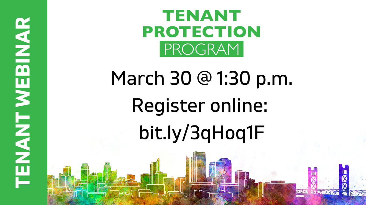 <a href="/CityofSacCDD/">City of Sac CDD</a> staff are hosting multiple webinars
explaining the <a href="/TheCityofSac/">City of Sacramento</a> Tenant Protection Relief
Act. Learn more about tenant and landlord rights and
responsibilities at the next webinar on March 30.
Register: bit.ly/3qHoq1F