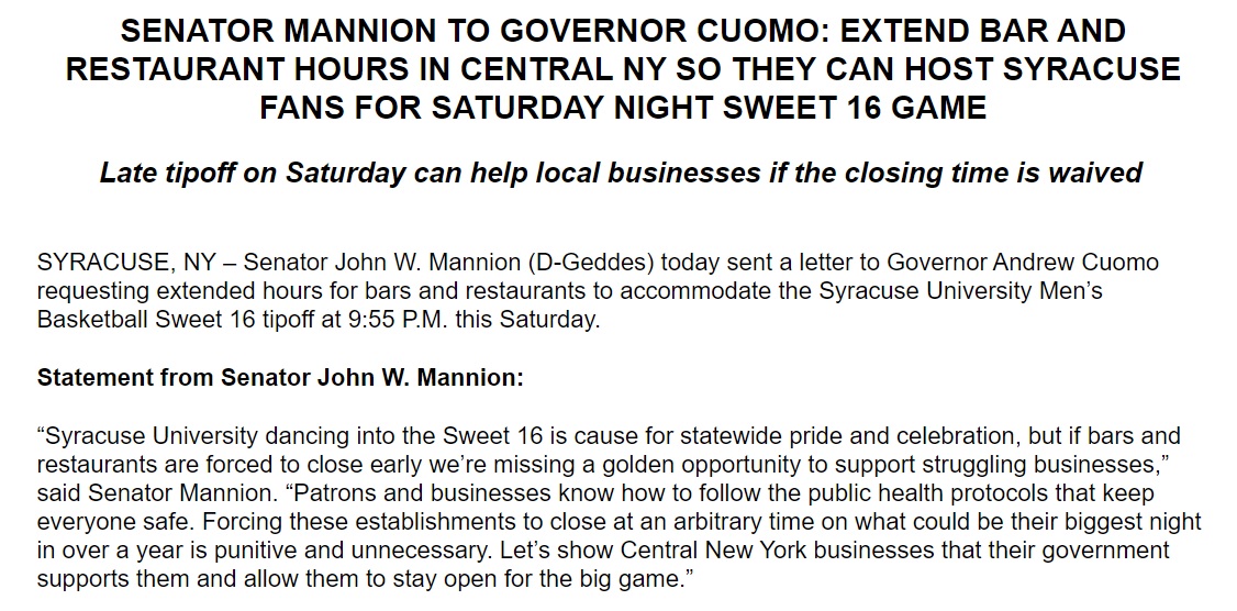 .@SenJohnMannion asks @NYGovCuomo to extend bar and restaurant hours in Cayuga and Onondaga counties for the Syracuse men's basketball game on Saturday night. 

Game is scheduled to start at 9:55 p.m. The curfew for bars and restaurants is 11 p.m. https://t.co/fMa5MkVWi7