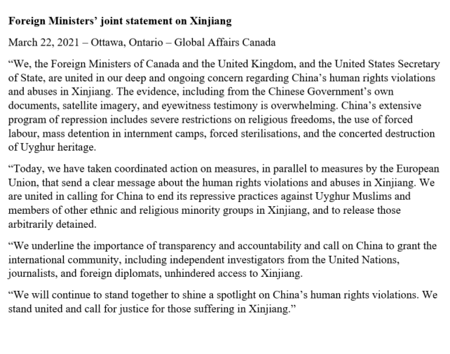MarcGarneau's tweet photo. Alongside allies, we have taken coordinated action on measures that send a clear message about the human rights violations and abuses in Xinjiang. We are united in our deep and ongoing concern regarding China’s human rights violations.
 
Statement: https://t.co/3L9vNXZ7JY
