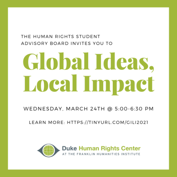 DHRCatFHI's tweet photo. Global Ideas, Local Impact is the Duke Human Rights Center's annual celebration of human rights opportunities at Duke and in the world. The event is hosted by the DHRC Student Advisory Board and includes a research slam, where students and present their research.  [1/3] https://t.co/weq2I3jlaJ