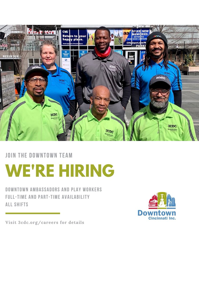 Downtown Cincinnati is hiring! We’re expanding our team of ambassadors who help keep downtown a great place to live, work, and visit. Part- and full-time availability for all shifts. Enjoy Downtown by working outside this summer! Visit 3cdc.org/careers to apply.
