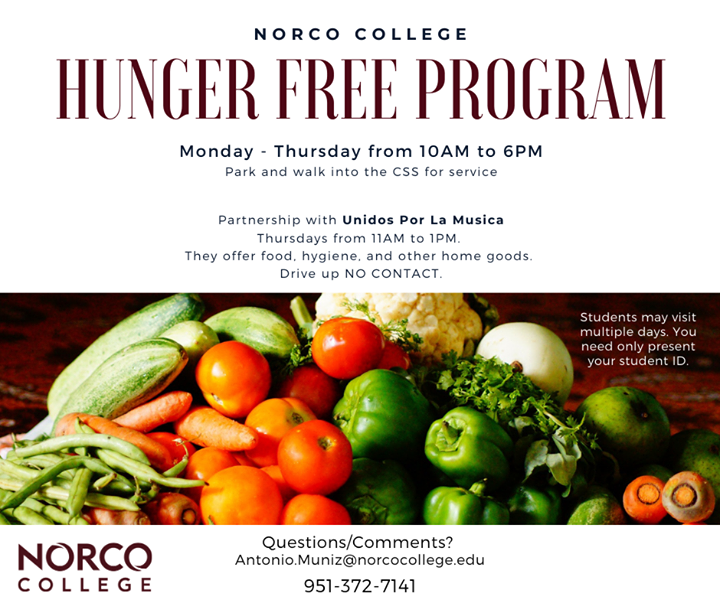 NorcoCollege's tweet photo. If you're a student in need, Norco College has a Hunger Free Program. Stop by the Corral and pick up a Grab N Go bag Monday thru Thursday from 10am-6pm. On Thursdays, drive up for food, hygiene and home goods from Unidos por la Musica. See flyer for details. https://t.co/3iNxQAnMC7
