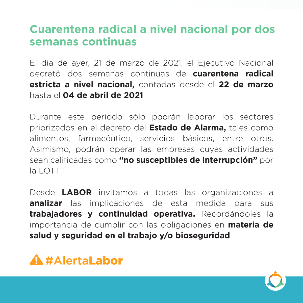 LaborGG's tweet photo. #AlertaLabor: Ante un aumento de los casos de #COVID19, el Ejecutivo Nacional decretó cuarentena radical a nivel nacional por dos semanas continuas. 

No dejes de seguirnos en nuestras redes sociales, donde semanalmente estaremos informando sobre el desarrollo de la cuarentena. https://t.co/mitEDoVXVw